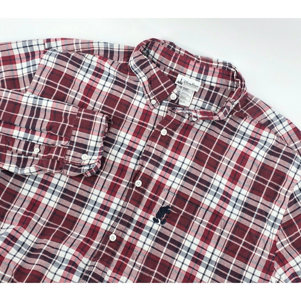 Disney Parks Vintage Plaid Mickey Mouse Shirt Size XL Mens Burgundy Long Sleeve